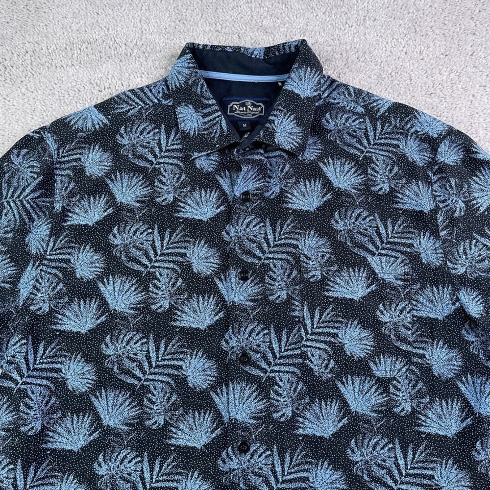 Nat Nast Shirt Mens Medium Black Blue Silk Blend Hawaiian AOP Resortwear Travel